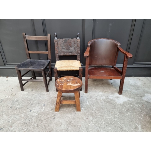 1672 - A rush seated child's chair; together with two other child's chairs and a stool.