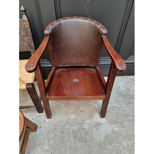 1672 - A rush seated child's chair; together with two other child's chairs and a stool.