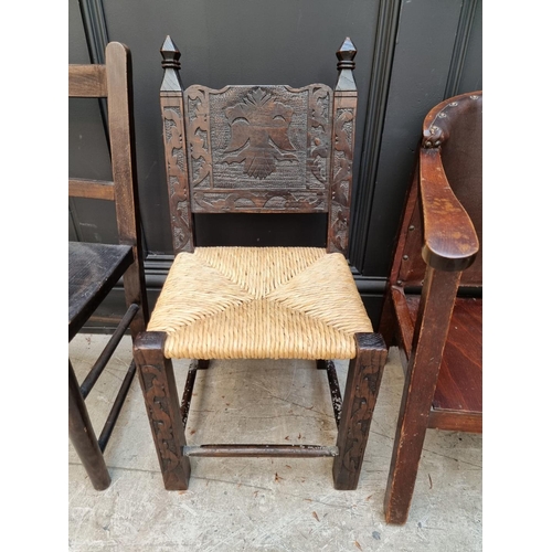 1672 - A rush seated child's chair; together with two other child's chairs and a stool.