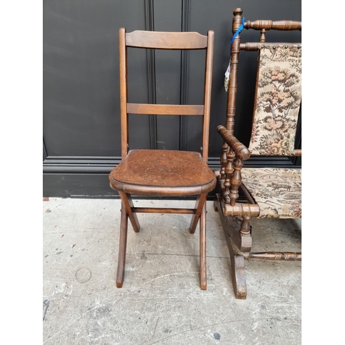 1673 - A child's rocking chair; together with a child's elbow chair and a folding child's chair.... 