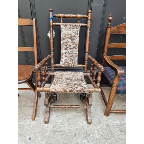 1673 - A child's rocking chair; together with a child's elbow chair and a folding child's chair.... 