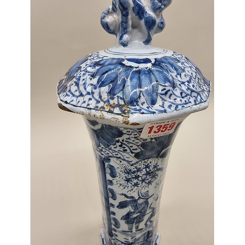 1359 - A tin glazed pottery delftware vase and cover, 18th/19th century, painted with a Chinese figure, 35.... 