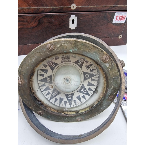 1390 - A mixed lot, to include three car radiator badges; and a ship's gimbal compass. ... 