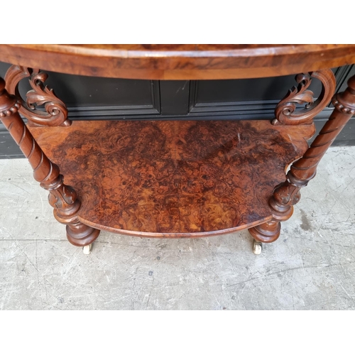 1035 - A Victorian figured walnut whatnot, 91cm wide, (lacking gallery back). 