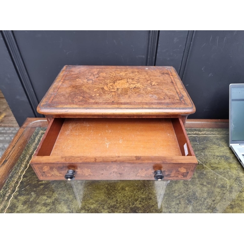 1062 - Miniature Furniture: a good Victorian walnut and marquetry three drawer chest, with ivory inset knob... 