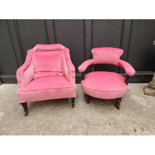 1075 - Two late Victorian ebonized and pink velvet upholstered low occasional chair. (2)  ... 