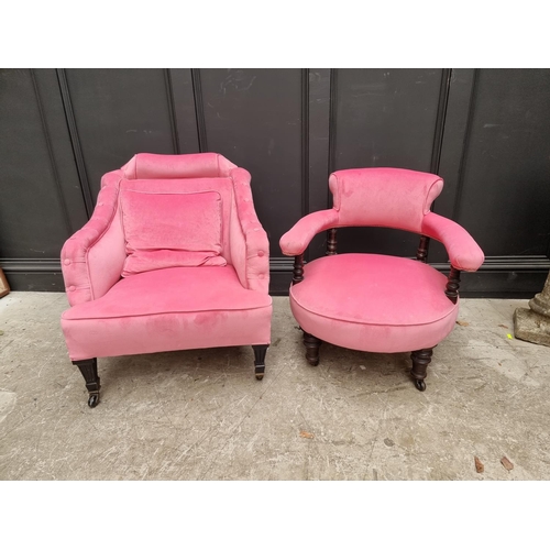 1075 - Two late Victorian ebonized and pink velvet upholstered low occasional chair. (2)  ... 