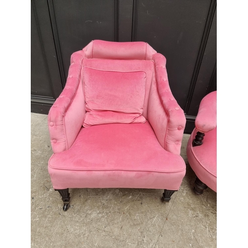 1075 - Two late Victorian ebonized and pink velvet upholstered low occasional chair. (2)  ... 