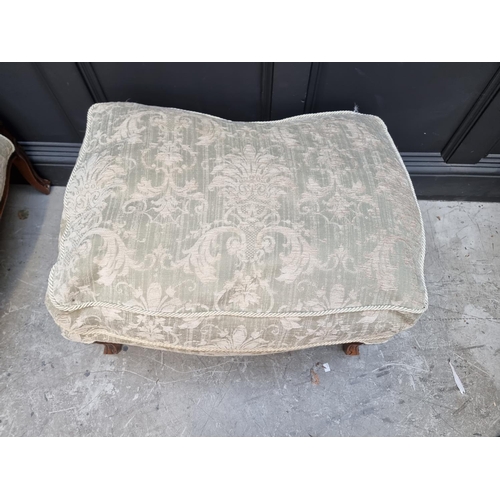 1076 - A beechwood and damask upholstered occasional armchair and matching stool. 