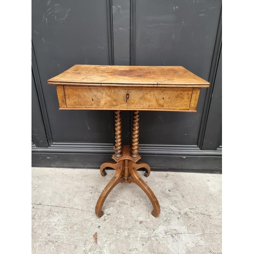 1091 - An 19th century Continental walnut and inlaid pedestal work table, 58.5cm wide, (faults).  &nbs... 