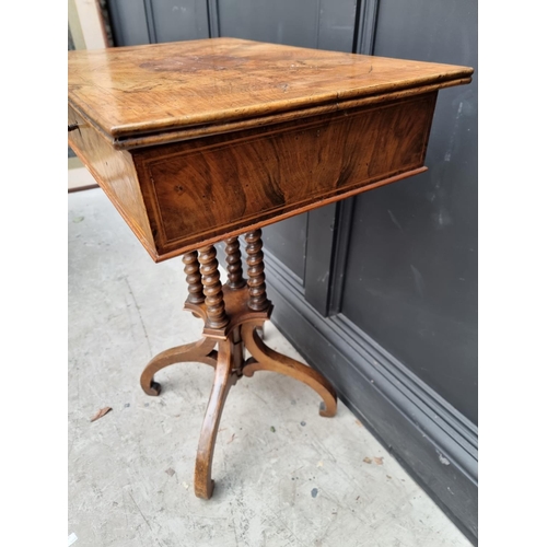 1091 - An 19th century Continental walnut and inlaid pedestal work table, 58.5cm wide, (faults).  &nbs... 