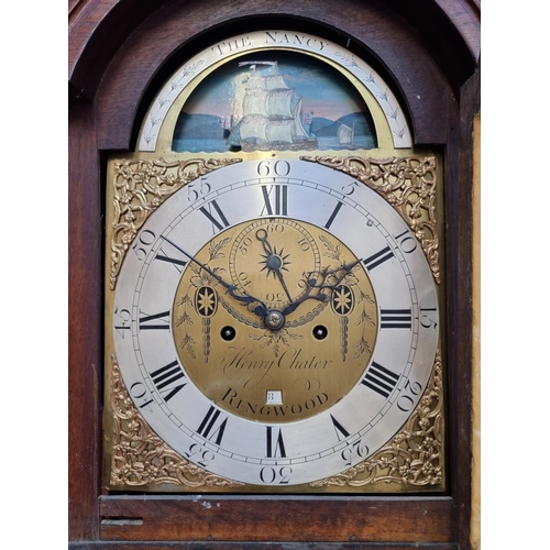 1105 - A George III stained oak and pine longcase clock, the 12in brass and silvered dial with rocking ship... 