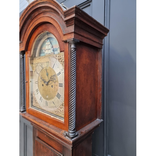 1105 - A George III stained oak and pine longcase clock, the 12in brass and silvered dial with rocking ship... 