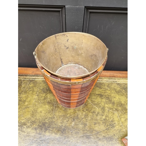 1109 - A 19th century Dutch fruitwood peat bucket, with brass liner, total height 49cm. ... 