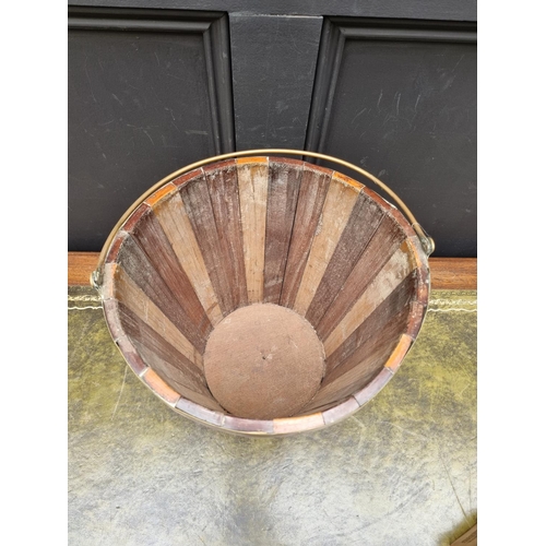 1109 - A 19th century Dutch fruitwood peat bucket, with brass liner, total height 49cm. ... 