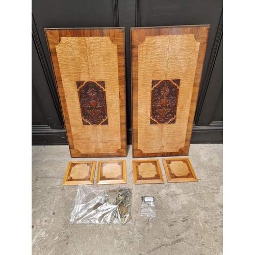 1113 - A pair of late Victorian burr ash, rosewood and carved rectangular panels, 91.5 x 45cm; together wit... 