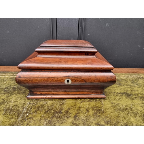 1128 - A Victorian rosewood bombe sarcophagus tea caddy, 25cm wide, (lacking feet).