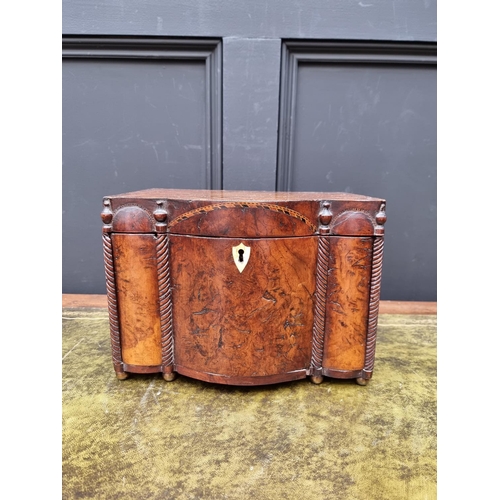 1129 - A very unusual late 18th century walnut and inlaid bowfront workbox, possibly Irish, the interior wi... 