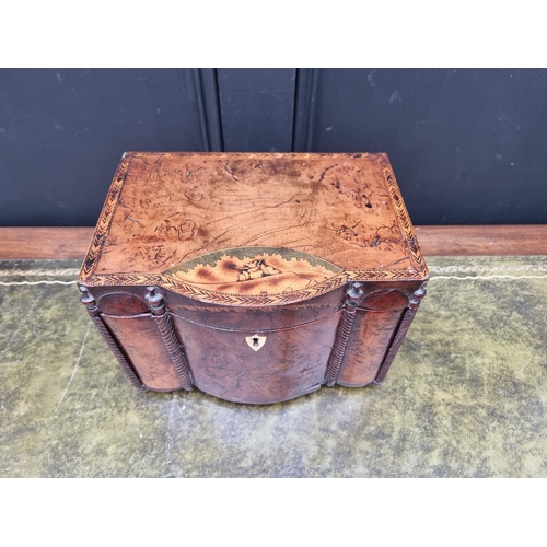 1129 - A very unusual late 18th century walnut and inlaid bowfront workbox, possibly Irish, the interior wi... 