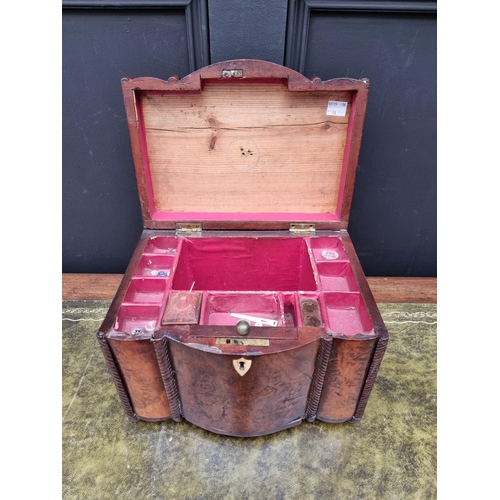 1129 - A very unusual late 18th century walnut and inlaid bowfront workbox, possibly Irish, the interior wi... 