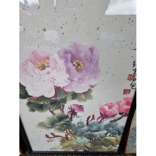 1190 - Chinese School, 'Peonies', signed, watercolour, 64 x 41cm; together with two Japanese woodblock prin... 