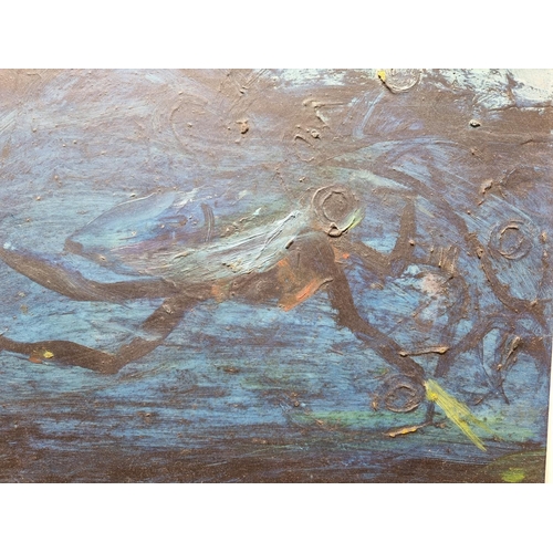 1196 - Sven Berlin, 'Frogman and Fish', inscribed verso, acrylic on board, 30 x 40cm.