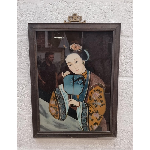 1224 - Chinese School, lady with a fan, reverse glass painted, 57.5 x 41.5cm.