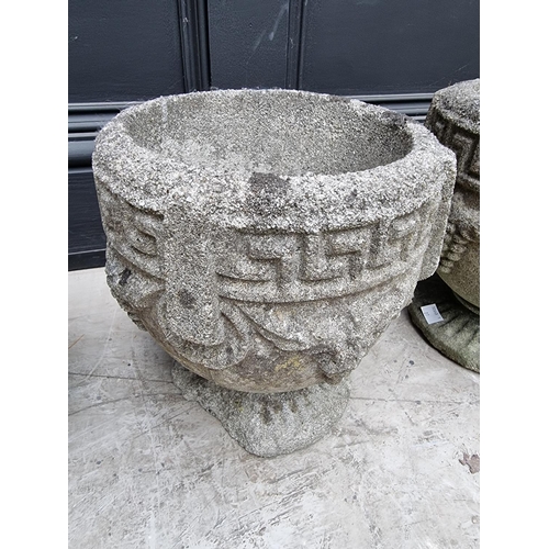 1270 - A set of three old weathered composition stone pedestal urns, 25.5cm high. ... 