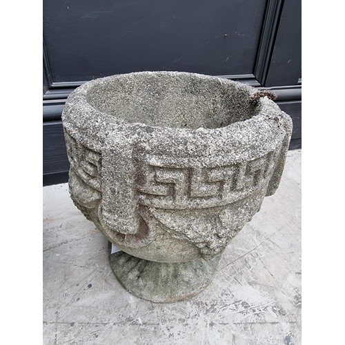 1270 - A set of three old weathered composition stone pedestal urns, 25.5cm high. ... 