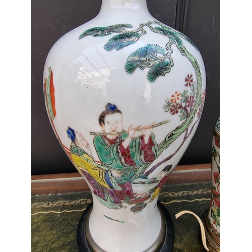 1280 - Two Chinese famille rose vase form table lamps, total height of largest 45cm, (each a.f.).... 