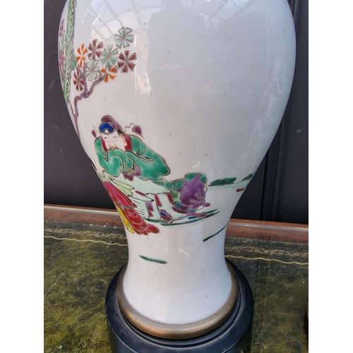 1280 - Two Chinese famille rose vase form table lamps, total height of largest 45cm, (each a.f.).... 