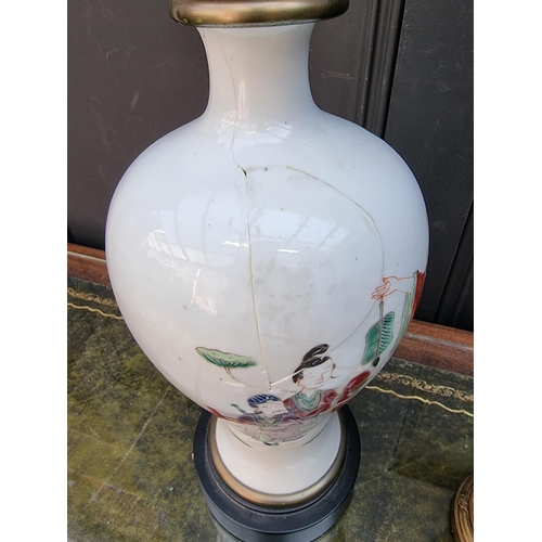 1280 - Two Chinese famille rose vase form table lamps, total height of largest 45cm, (each a.f.).... 