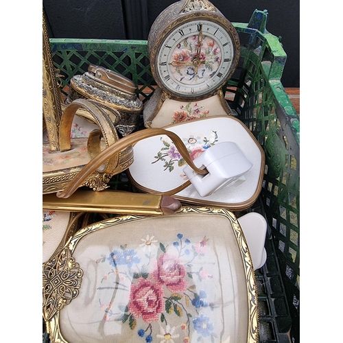 1306 - A collection of vintage brass and embroidered dressing table items. 