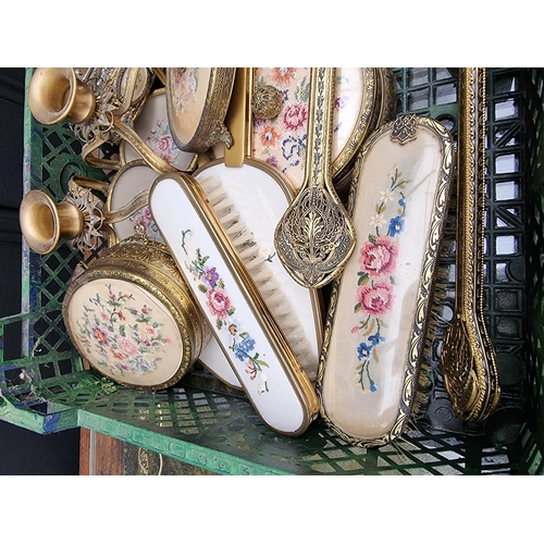 1306 - A collection of vintage brass and embroidered dressing table items. 