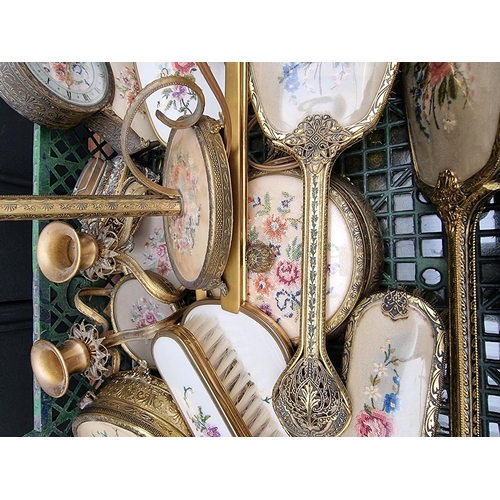 1306 - A collection of vintage brass and embroidered dressing table items. 