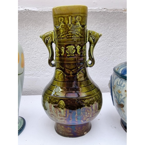 1320 - A Doulton Lambeth 'Faience' Art Nouveau vase, 26cm high, (repair chip to underside of rim); tog... 