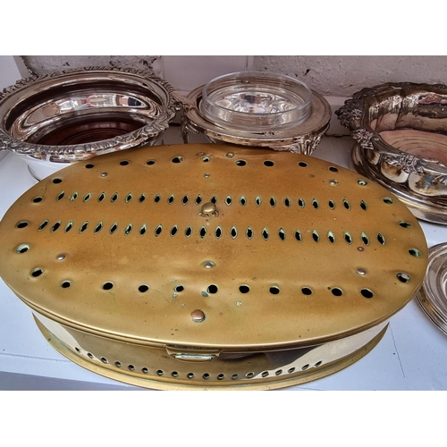 1327 - A small collection of silver plate; together with a brass warming box, 24.5cm wide. (8) ... 