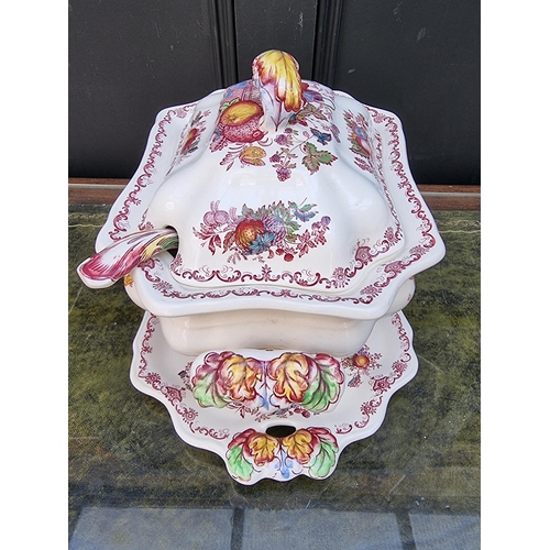 1343 - A Mason's 'Fruit Basket' pattern soup tureen, cover, stand, and ladle, 37cm wide. ... 