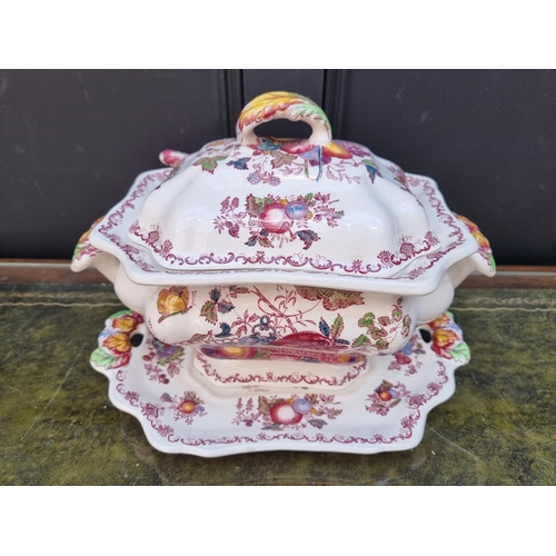 1343 - A Mason's 'Fruit Basket' pattern soup tureen, cover, stand, and ladle, 37cm wide. ... 