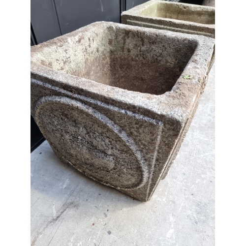 1353 - A pair of composition stone square planters, 36cm wide. 