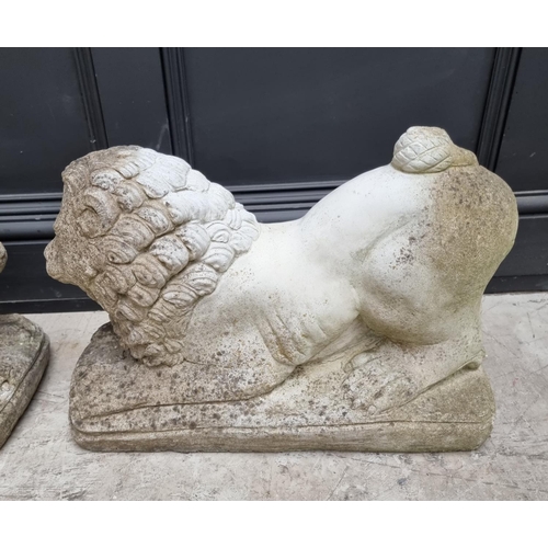 1355 - A pair of composition stone recumbent lions, 55cm long.