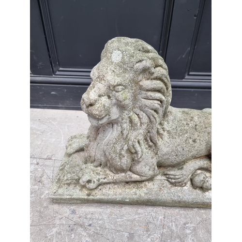 1357 - An old weathered composition stone recumbent lion, 61cm long.