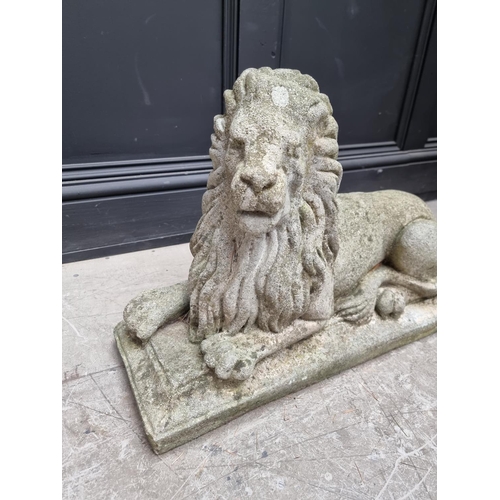 1357 - An old weathered composition stone recumbent lion, 61cm long.