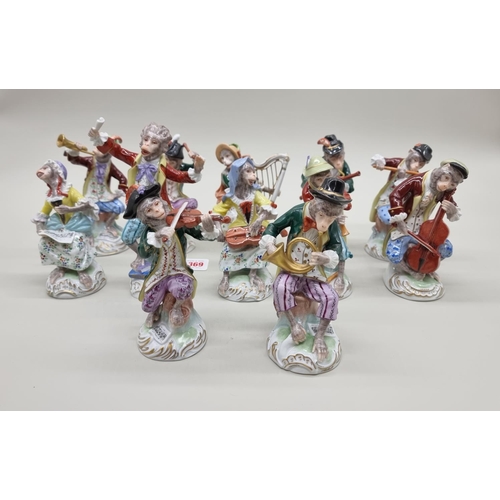 1369 - A set of twelve Dresden monkey band figures, largest 16cm high. 