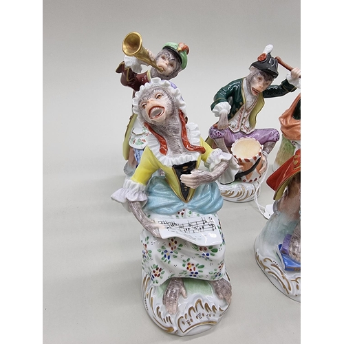 1369 - A set of twelve Dresden monkey band figures, largest 16cm high. 