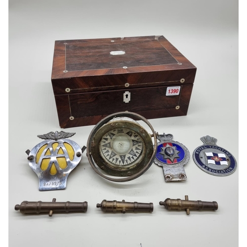 1390 - A mixed lot, to include three car radiator badges; and a ship's gimbal compass. ... 