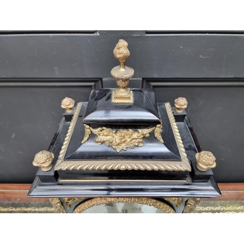 1425 - A large late 19th century ebonized and brass bracket type triple fusee clock, with silvered dia... 