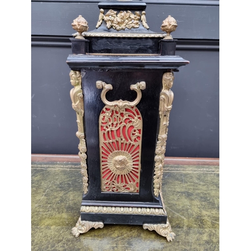 1425 - A large late 19th century ebonized and brass bracket type triple fusee clock, with silvered dia... 