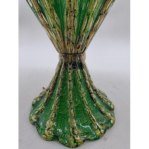 1429 - A Venetian green and gilt glass table lamp, height including shade 64cm. 