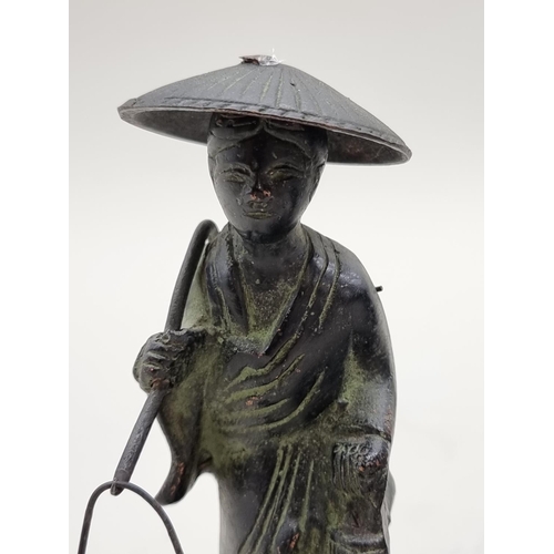 1431 - Two bronze figures of Chinese fisherfolk, largest 14cm high. 